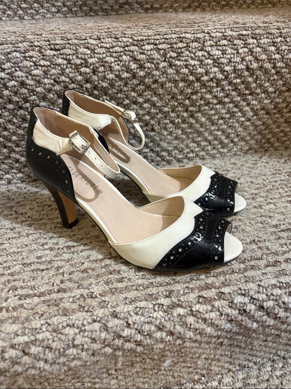 Chelsea Crew Two-Tone Black & White Peep-Toe Ankle Strap Heels